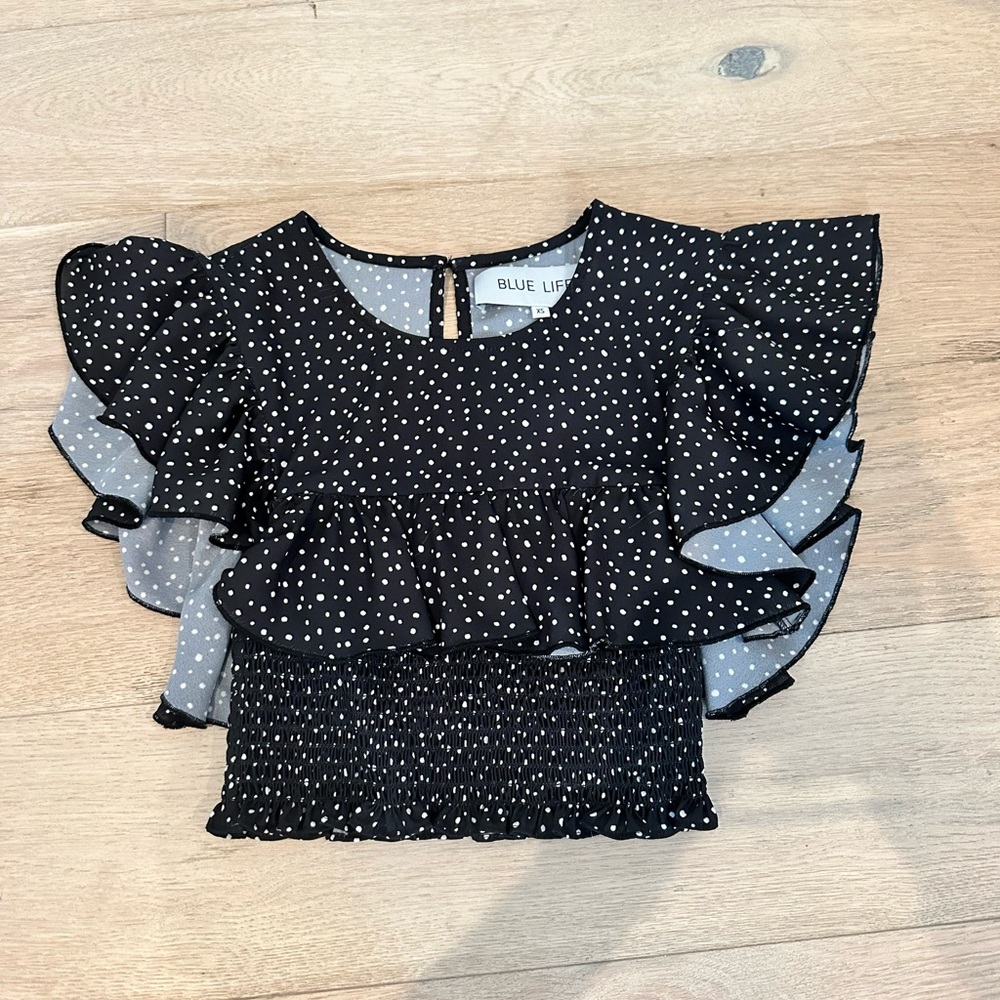 Blue Life Black & White Polka Dot Crop Top